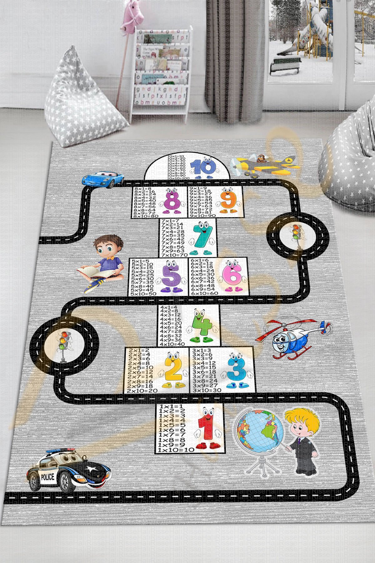 Dot Taban- Eğitici Seksek ve Çarpım Tablosu Trafik Desenli Gri Zeminli Çocuk Halısı Dod Taban - 180 x 250