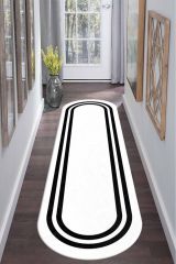 Dot Taban- Beyaz Zeminli Siyah Çerçeveli Oval Yolluk Halısı Dod Taban - 120 x 350
