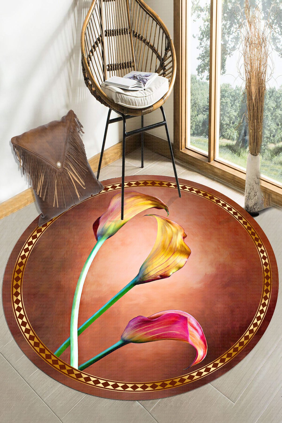 Lale Desenli Gold Oranj Renkli Yuvarlak Salon Halısı Dod Taban - 80 x 80