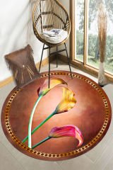 Lale Desenli Gold Oranj Renkli Yuvarlak Salon Halısı Dod Taban - 80 x 80