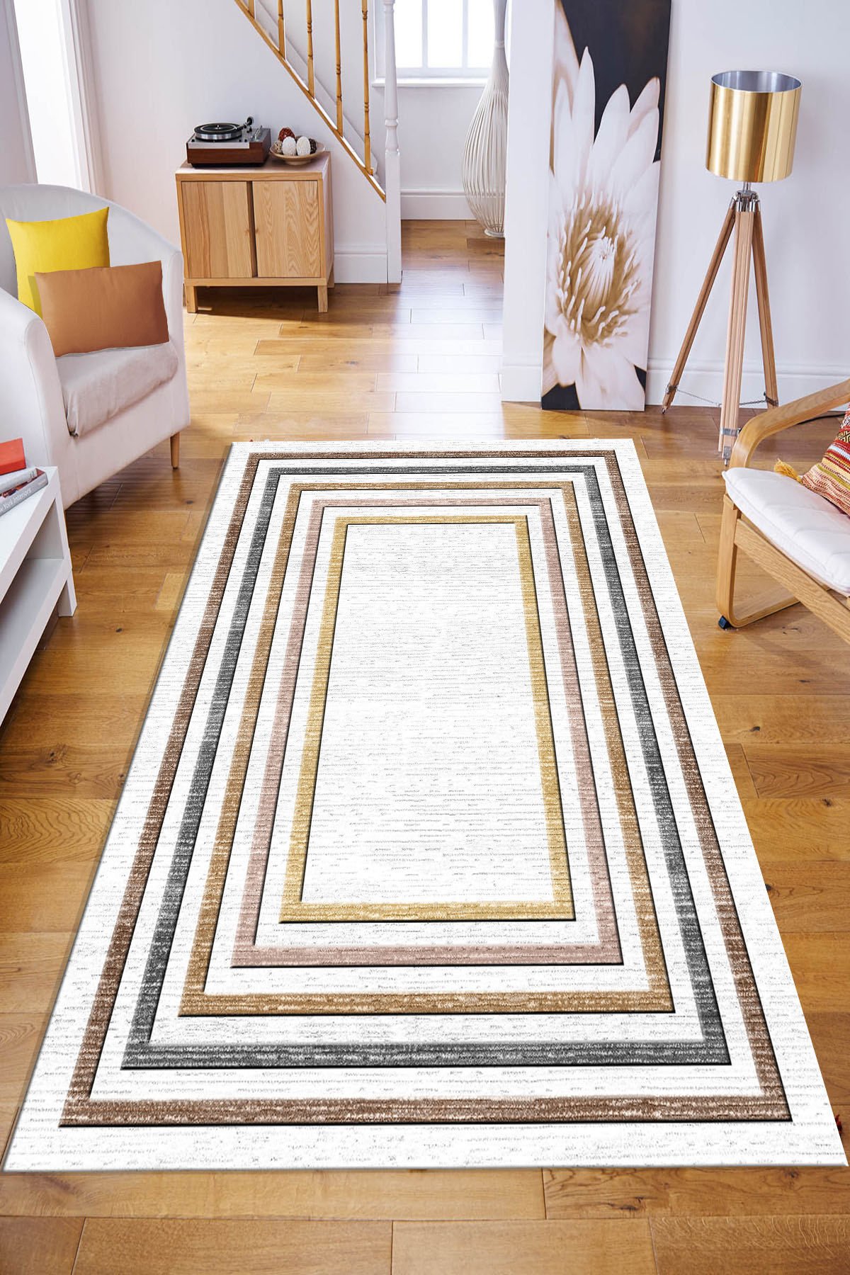 Dot Taban- 3d Trend Çizgili Beyaz Zeminli Salon Halısı Dod Taban - 100 x 650