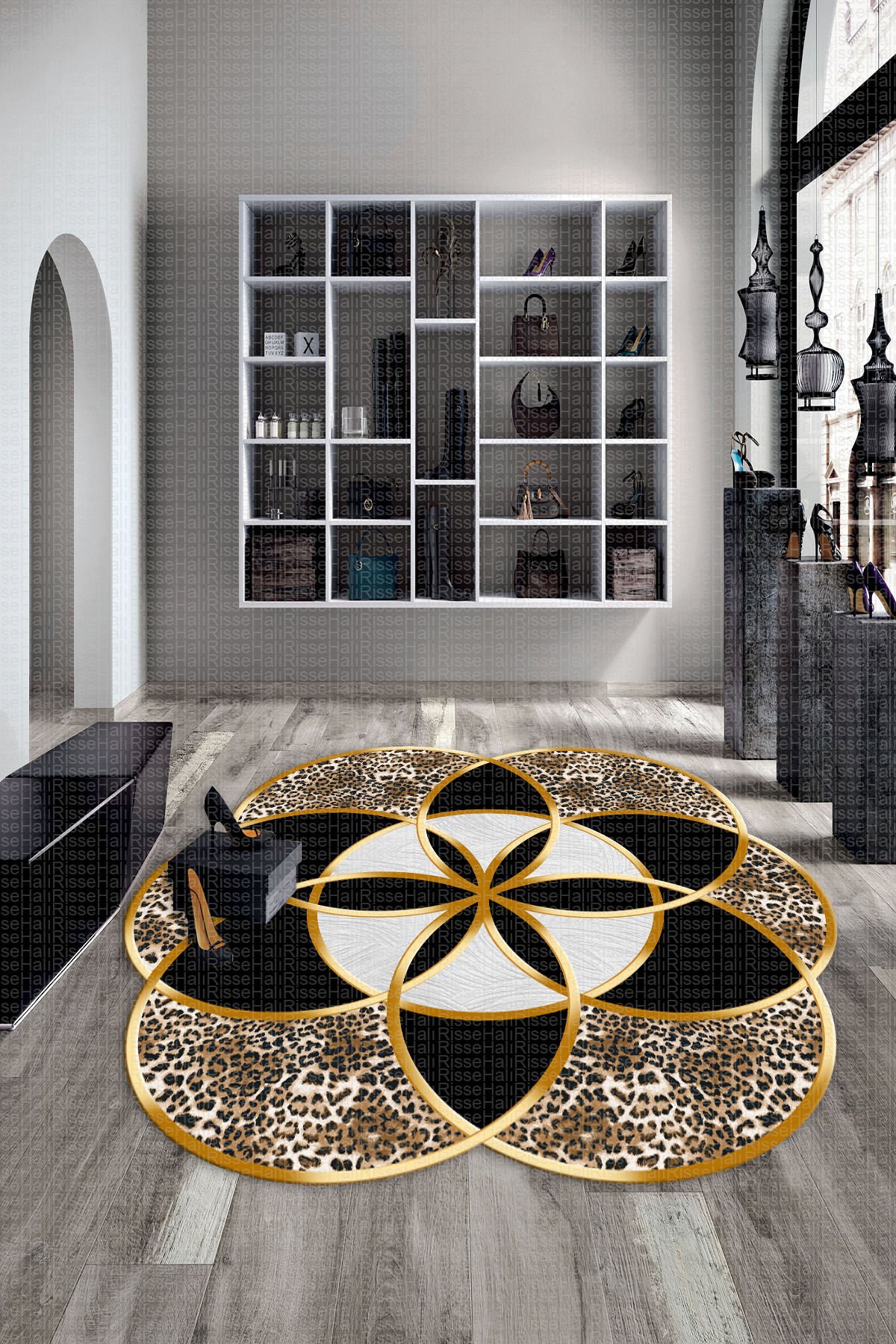 Dot Taban- Son Trend Geometrik Patchwork Kutup Yıldızı Desenli Gold Leopar Efektli Salon Halısı