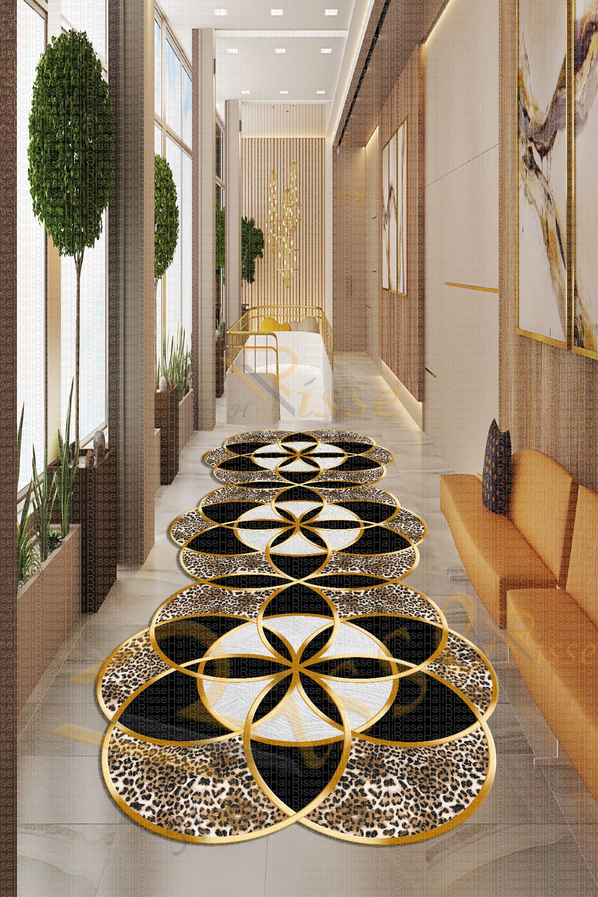 Dot Taban- Son Trend Geometrik Patchwork Kutup Yıldızı Desenli Gold Leopar Efektli Yolluk Ve Salon Halısı