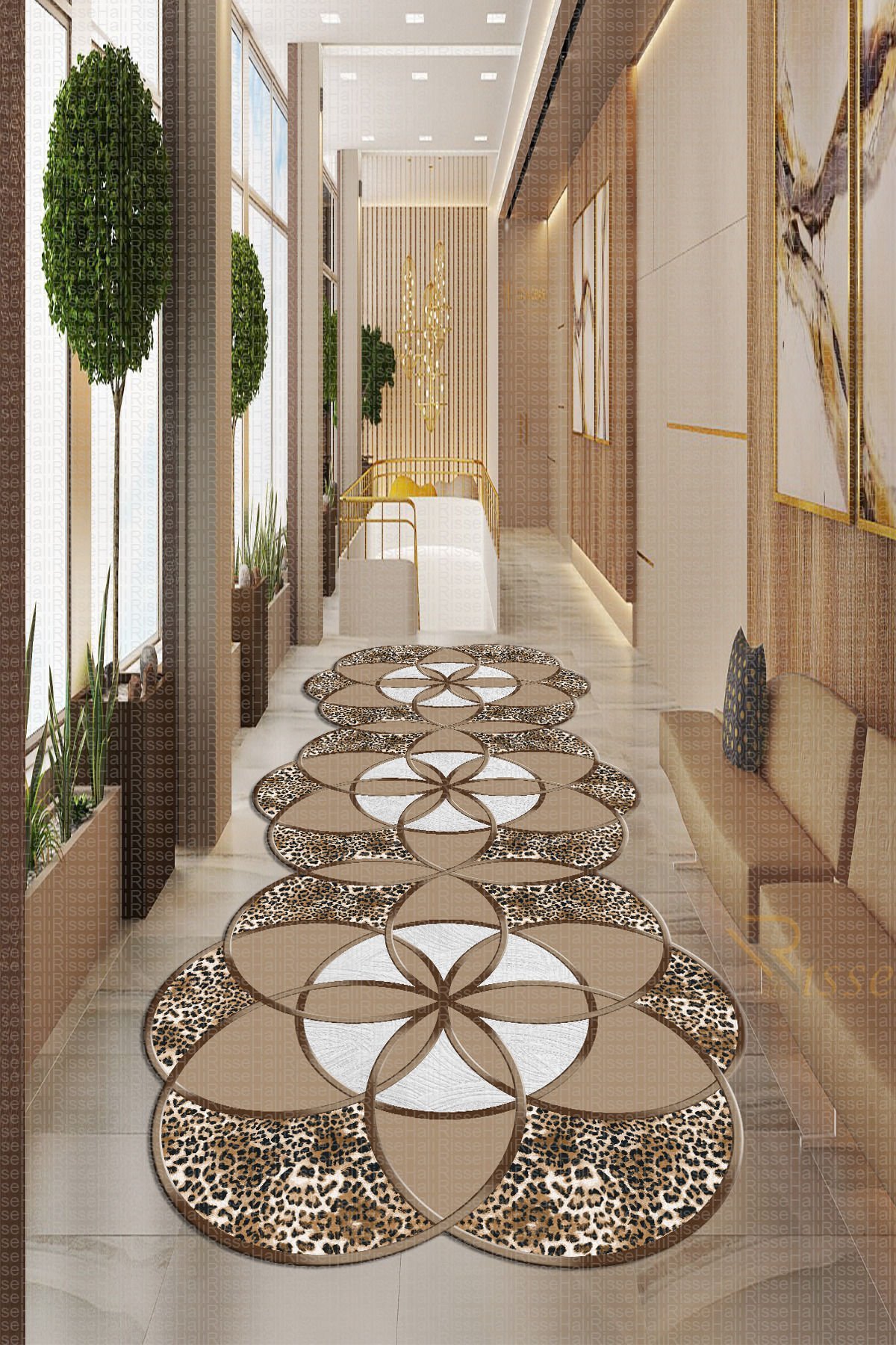 Dot Taban- Son Trend Geometrik Patchwork Kutup Yıldızı Desenli Mat Çöl Kahvesi Leopar Efektli Yolluk Halısı