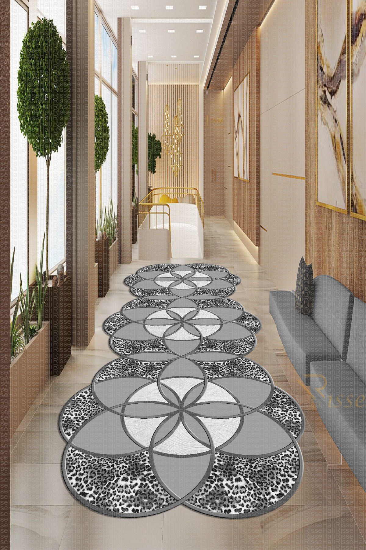 Dot Taban- Son Trend Geometrik Patchwork Kutup Yıldızı Desenli Gümüş Leopar Efektli Yolluk Halısı