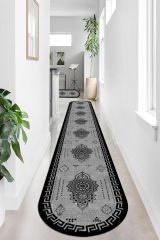 Dot Taban- Siyah Gri Renkli Hasır Desen Oval Uzun Antre Yolluk Halısı Dod Taban - 160 x 400