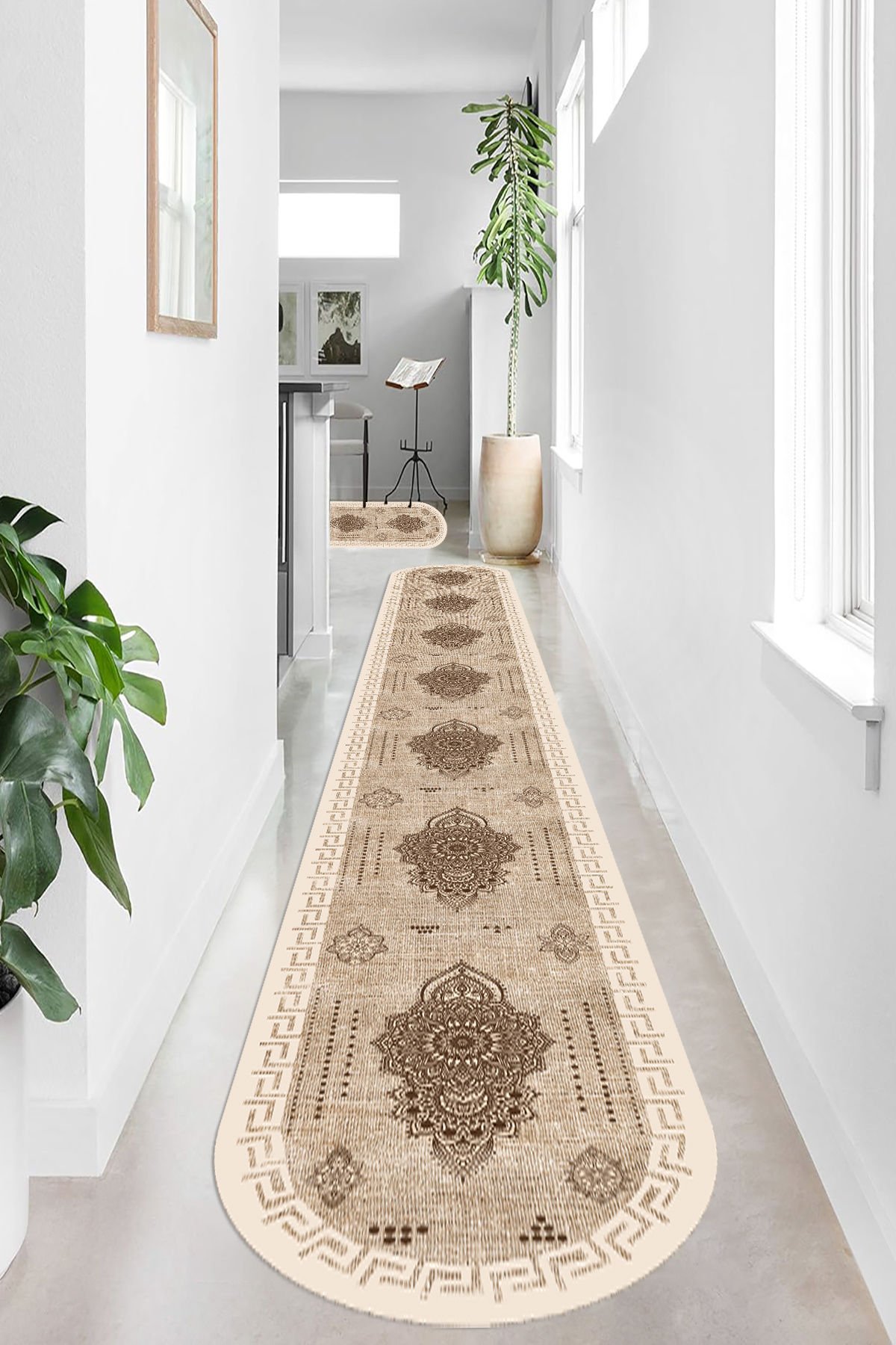 Dot Taban- Kahve Bej Renkli Hasır Desen Oval Uzun Antre Yolluk Halısı Dod Taban - 200 x 400