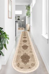 Dot Taban- Kahve Bej Renkli Hasır Desen Oval Uzun Antre Yolluk Halısı Dod Taban - 200 x 400