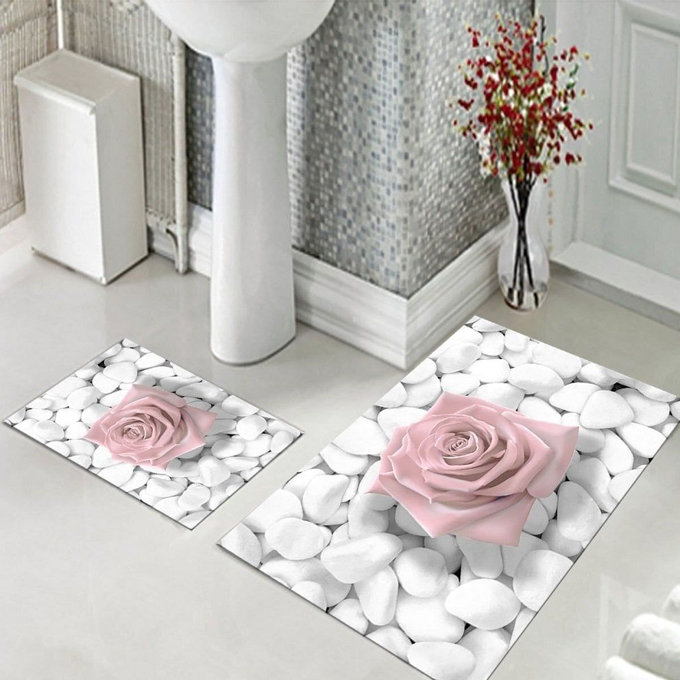 Dot Taban- Pudra Gül Desenli 2'li Banyo Paspası
