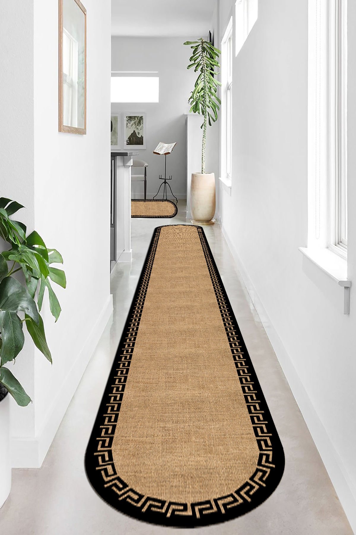 Dot Taban- Siyah Bej Renkli Hasır Desen Oval Uzun Antre Hol Yolluk Halısı Dod Taban - 100 x 300