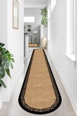 Dot Taban- Siyah Bej Renkli Hasır Desen Oval Uzun Antre Hol Yolluk Halısı Dod Taban - 100 x 300