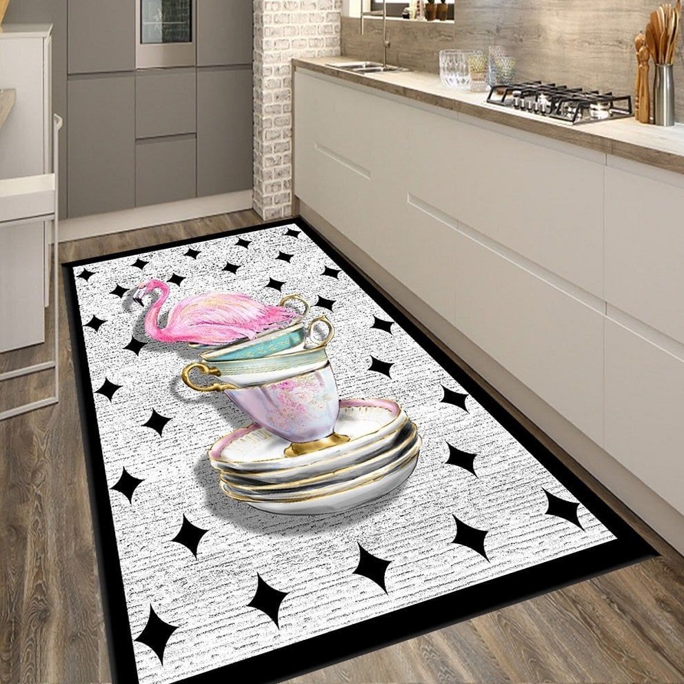Dot Taban- Siyah Renkli Kuğu Desenli Mutfak Halısı Dod Taban - 120 x 300