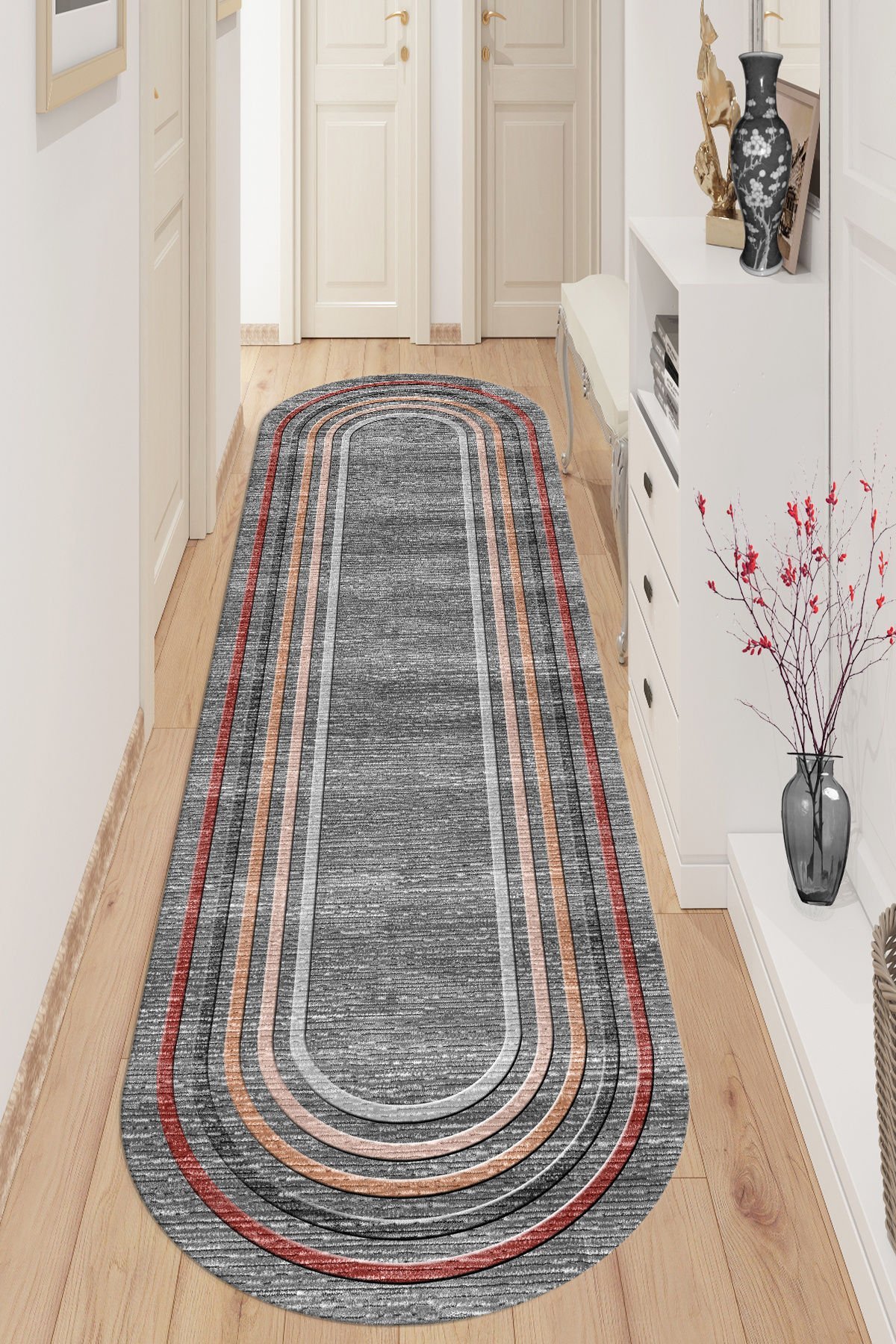Dot Taban- 3d Trend Çizgili Gri Zeminli Oval Yolluk Salon Halısı Dod Taban - 80 x 100