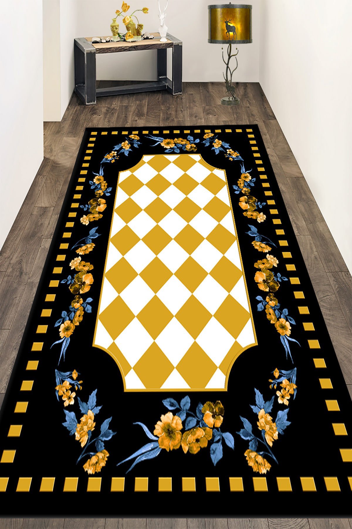 Dot Taban- Siyah Gold Zemin Gold Çiçekli Salon Halısı