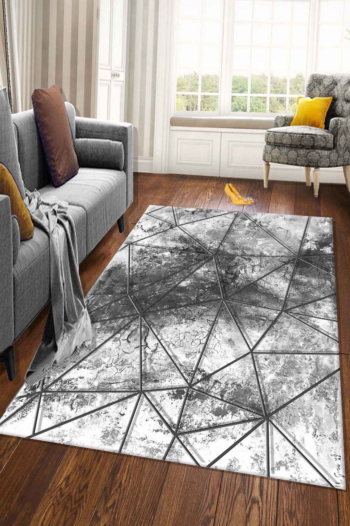 Dot Taban- 3D Antrasit Gri Çizgili Salon Halısı