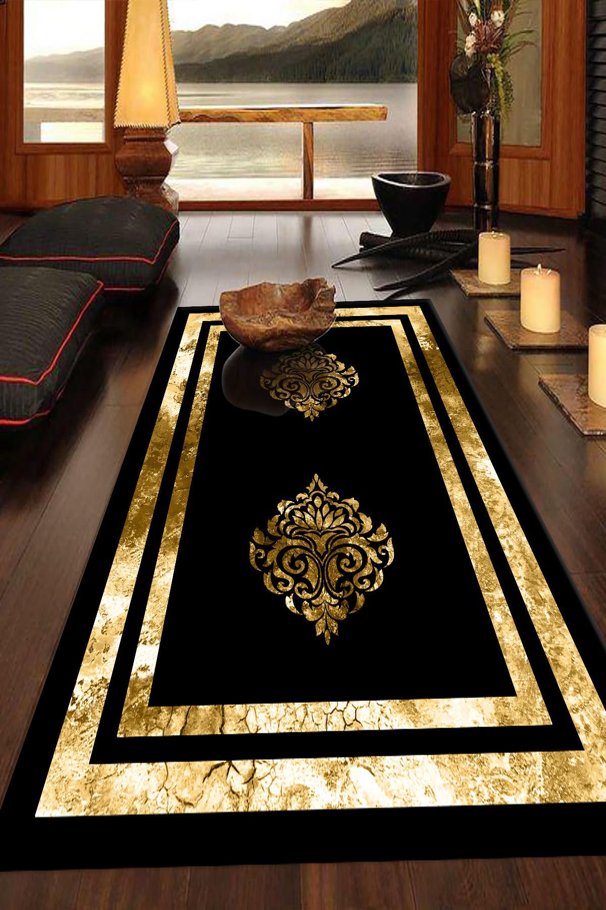 Dot Taban- Dijital Baskılı Kaymaz Taban Yıkanabilir Gold Çerçeveli Varak Desenli Salon Halısı