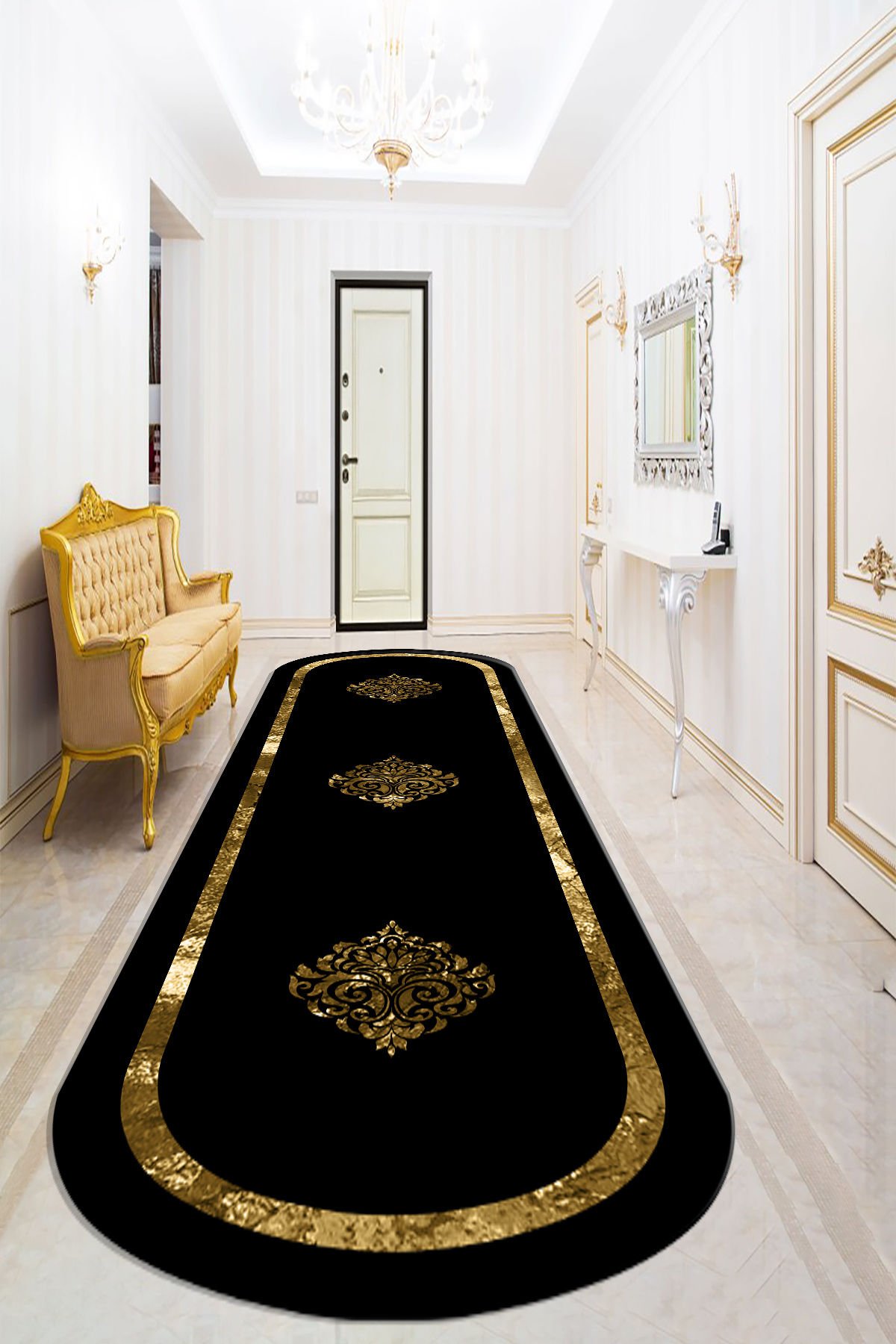 Dot Taban- Dijital Baskılı Kaymaz Taban Yıkanabilir Gold Çerçeveli Varak Desenli Oval Halı