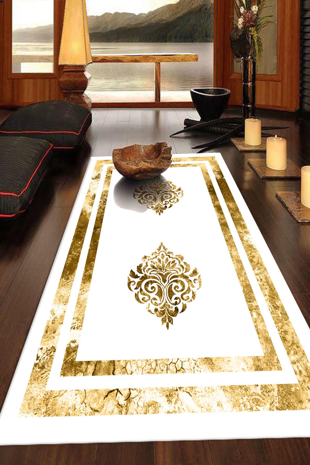 Dot Taban- Dijital Baskılı Kaymaz Taban Yıkanabilir Gold Çerçeveli Varak Desenli Beyaz Salon Halısı