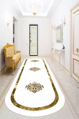 Dot Taban- Dijital Baskılı Kaymaz Taban Yıkanabilir Gold Çerçeveli Varak Desenli Beyaz Oval Halı