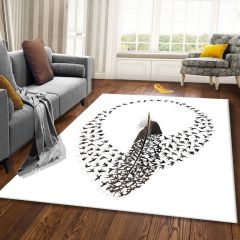 Dot Taban-  Kuş Sürüsü Baskılı Tüy Detaylı Beyaz Salon Halısı