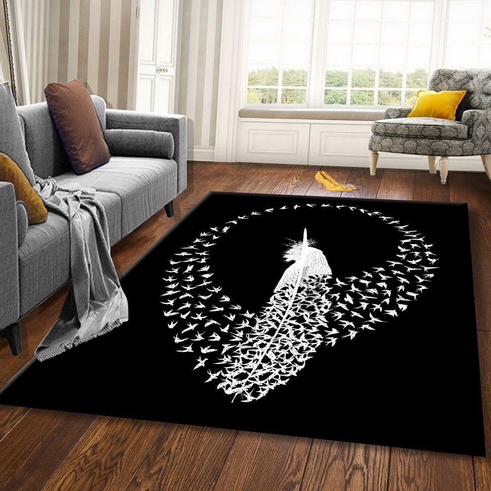 Dot Taban- Kuş Sürüsü Baskılı Tüy Detaylı Siyah Salon Halısı