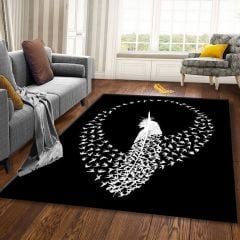 Dot Taban- Kuş Sürüsü Baskılı Tüy Detaylı Siyah Salon Halısı