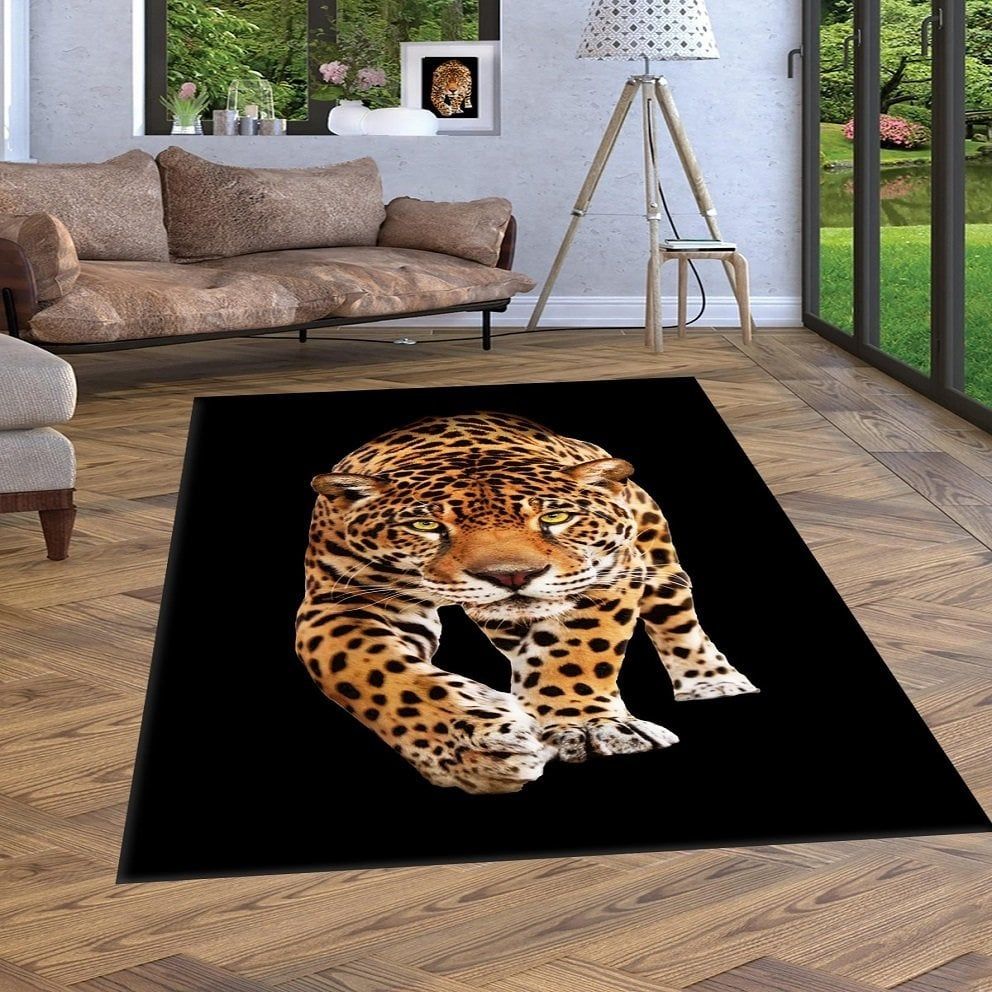 Dot Taban- Siyah Zeminli Jaguar Desenli Salon Halısı