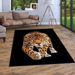 Dot Taban- Siyah Zeminli Jaguar Desenli Salon Halısı