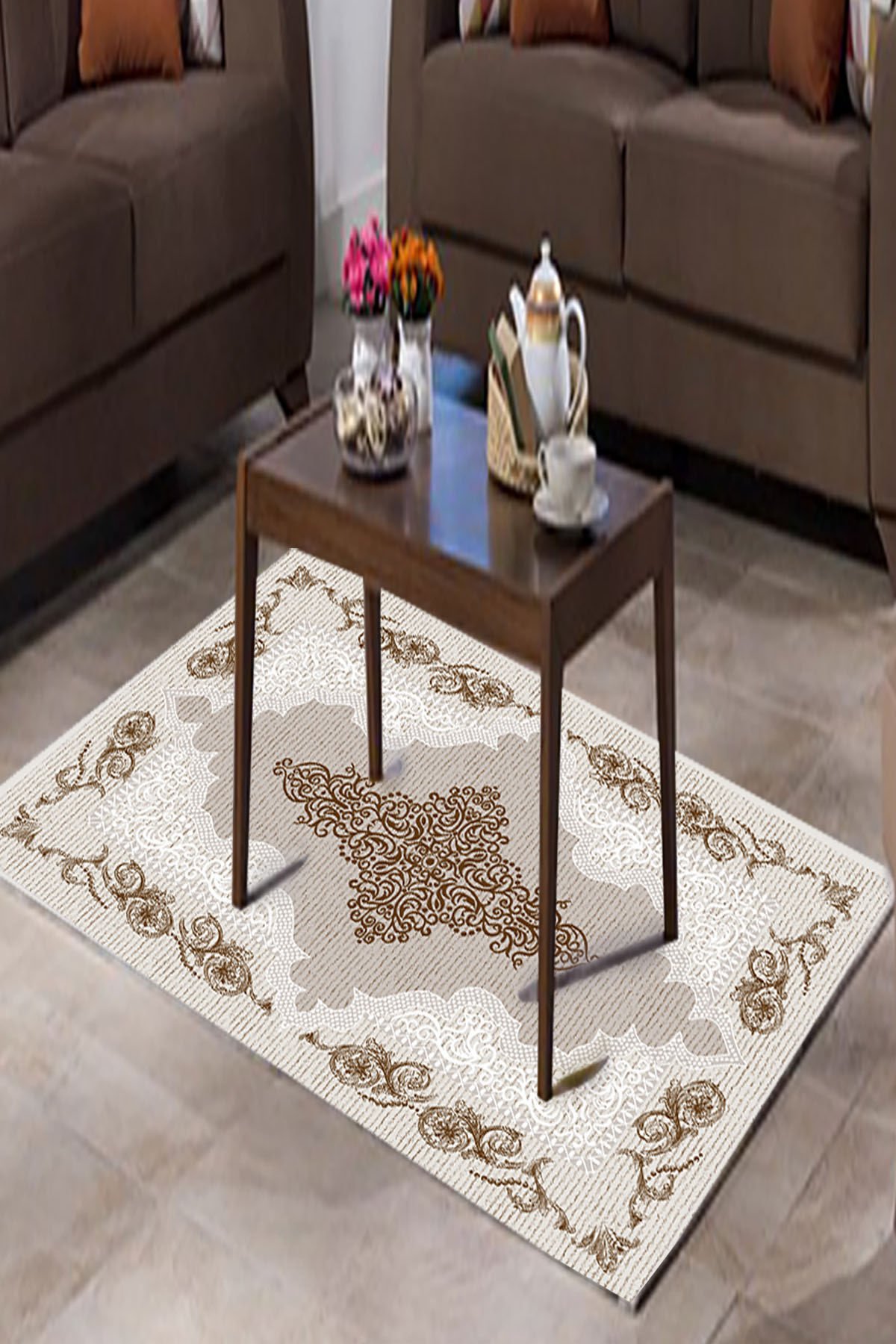 Dot Taban- Dekorative Bej Kahve Desenli Salon Halısı