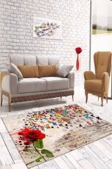 Dot Taban-  Kırmızı Güllü Renkli Kelebek Desenli Özgürlük Halısı