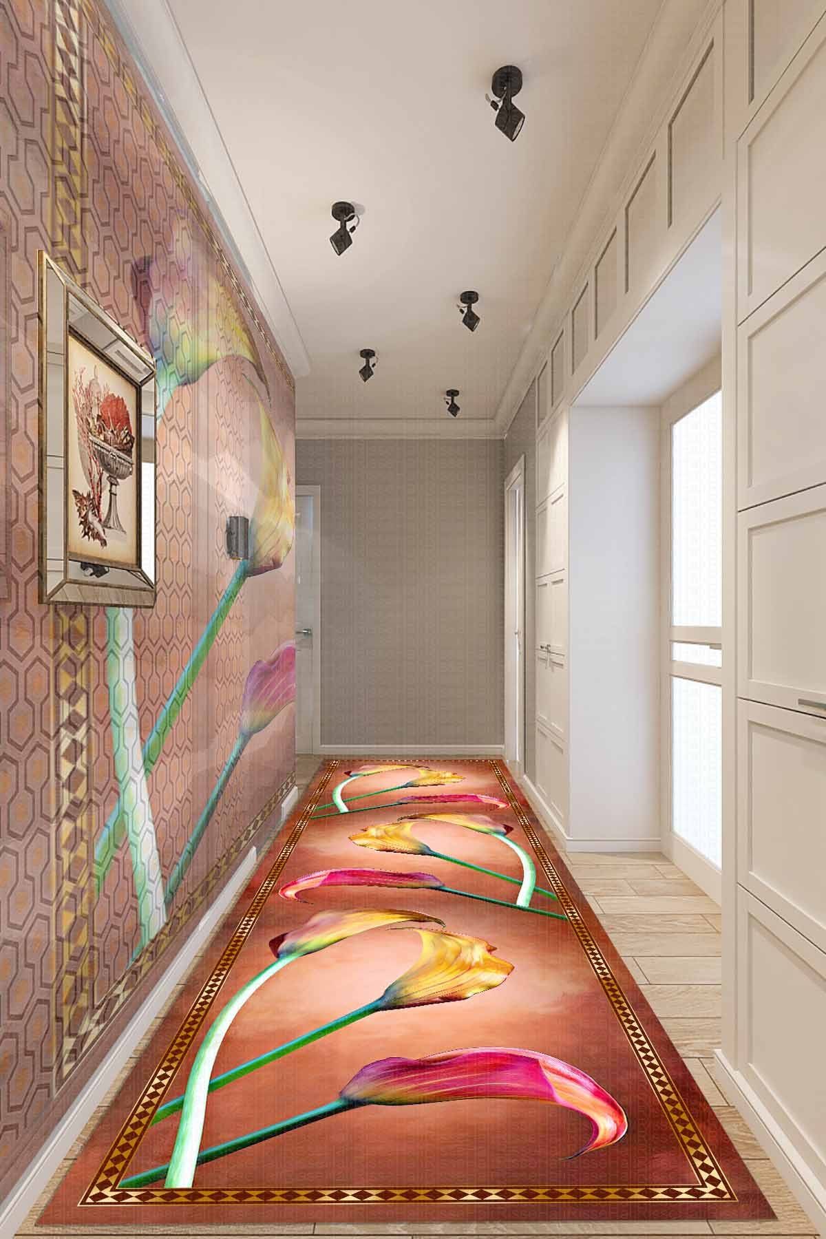 Dot Taban-  Lale Desenli Gold Oranj Renkli Salon  Ve Yolluk Halısı