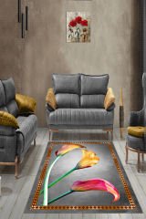 Dot Taban-  Lale Desenli Gri Oranj Renkli Salon Halısı