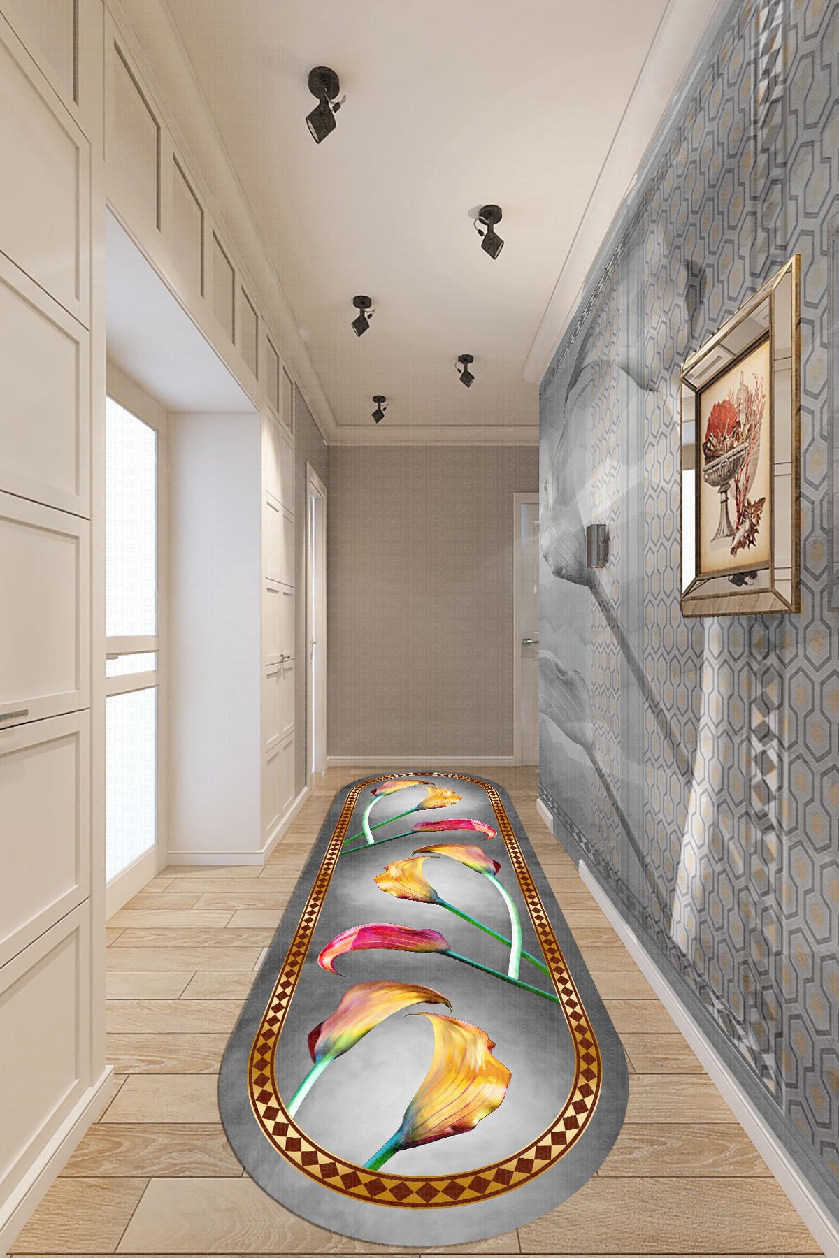 Dot Taban-  Lale Desenli Gri Oranj Renkli Oval Salon  Ve Yolluk Halısı