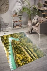 Dot Taban- Nehir Ve Orman Desenli Yeşil Renkli Modern Salon Halısı