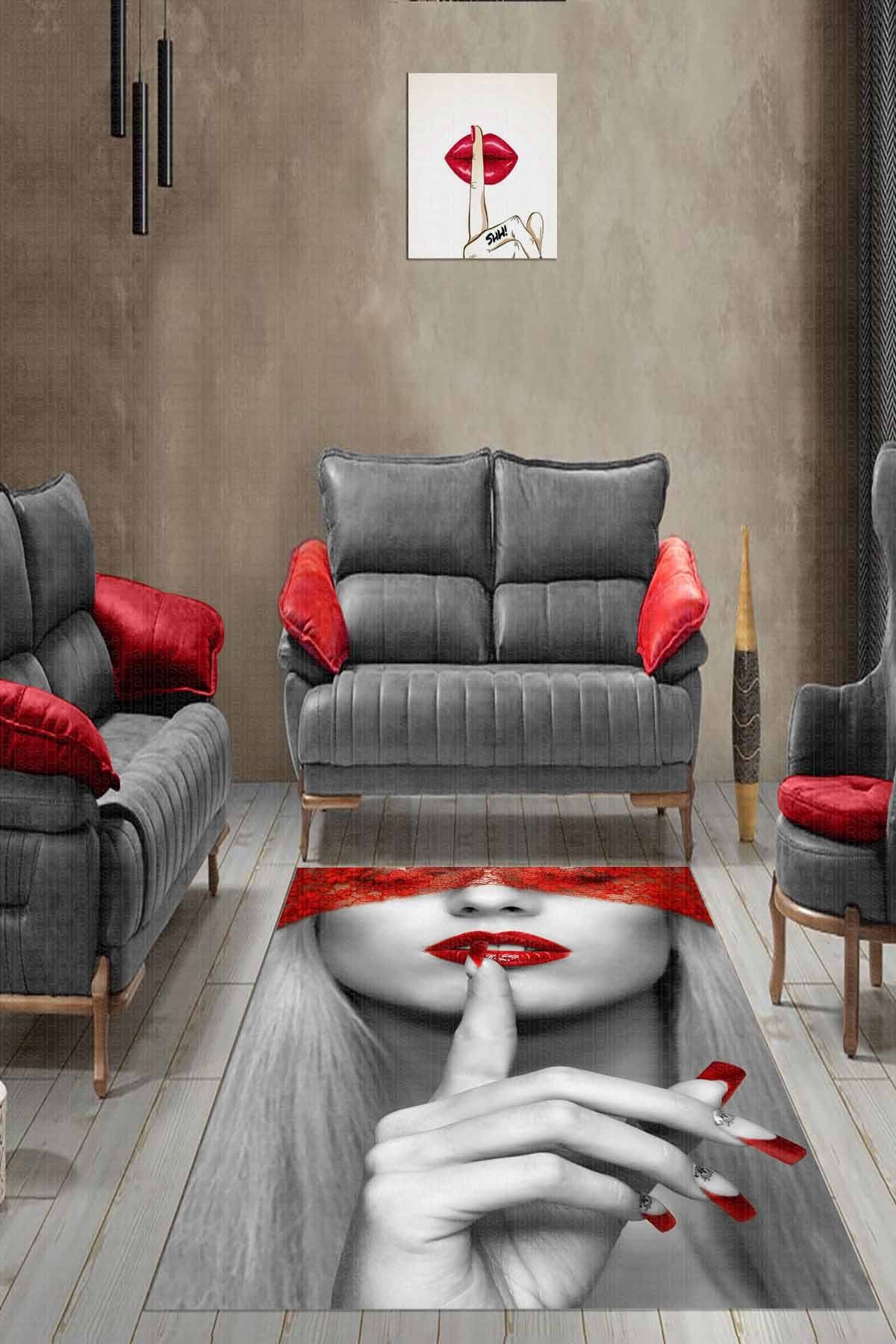 Dot Taban- Peçeli Suskun Kadın Temalı Gri Kırmızı Renkli Modern Salon Halısı