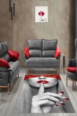 Dot Taban- Peçeli Suskun Kadın Temalı Gri Kırmızı Renkli Modern Salon Halısı