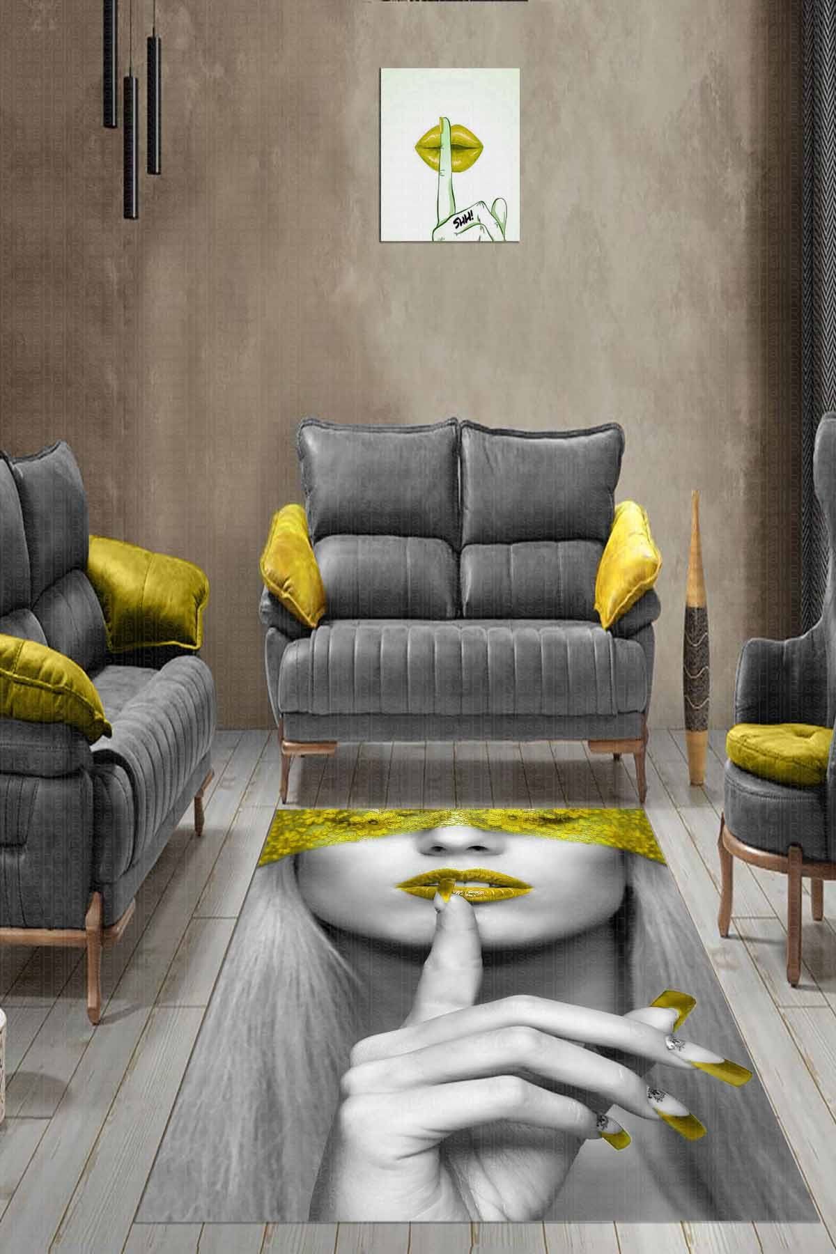 Dot Taban- Peçeli Suskun Kadın Temalı Gri Gold Yeşili Rengi Modern Salon Halısı