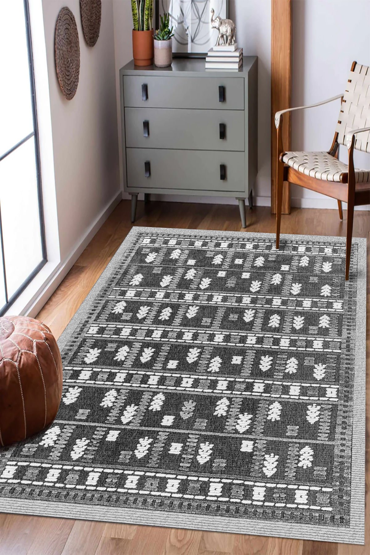 Dot Taban- Kilim Desenli Gri Renkli Ok Figürlü Salon Halısı