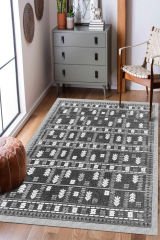 Dot Taban- Kilim Desenli Gri Renkli Ok Figürlü Salon Halısı