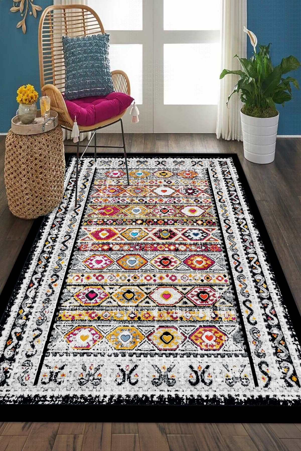 Dot Taban- Dekoratif Dokuma Efektli Kilim Desenli Siyah Renkli Salon Halısı