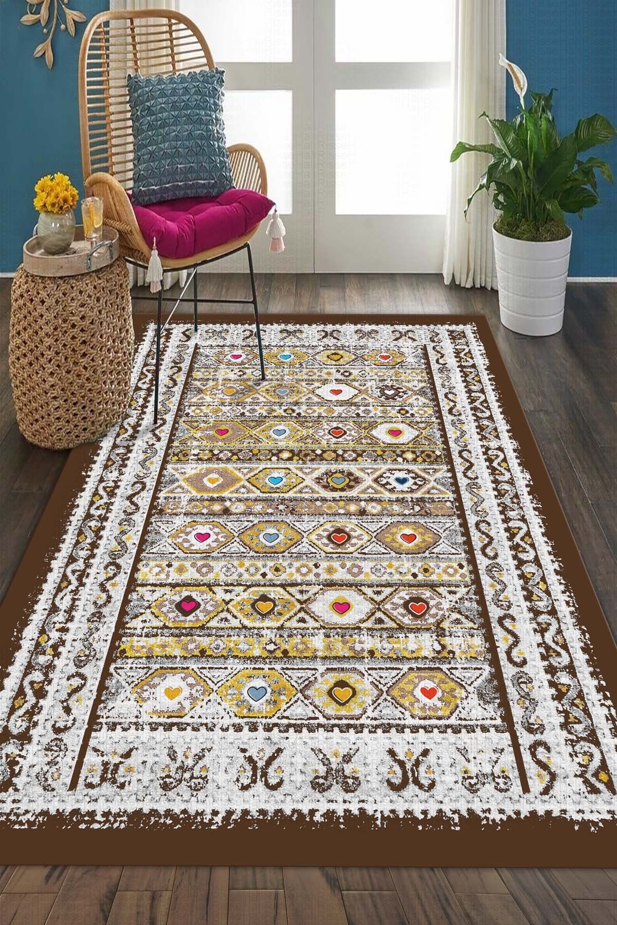 Dot Taban- Dekoratif Dokuma Efektli Kilim Desenli Kahverengi Renkli Salon Halısı