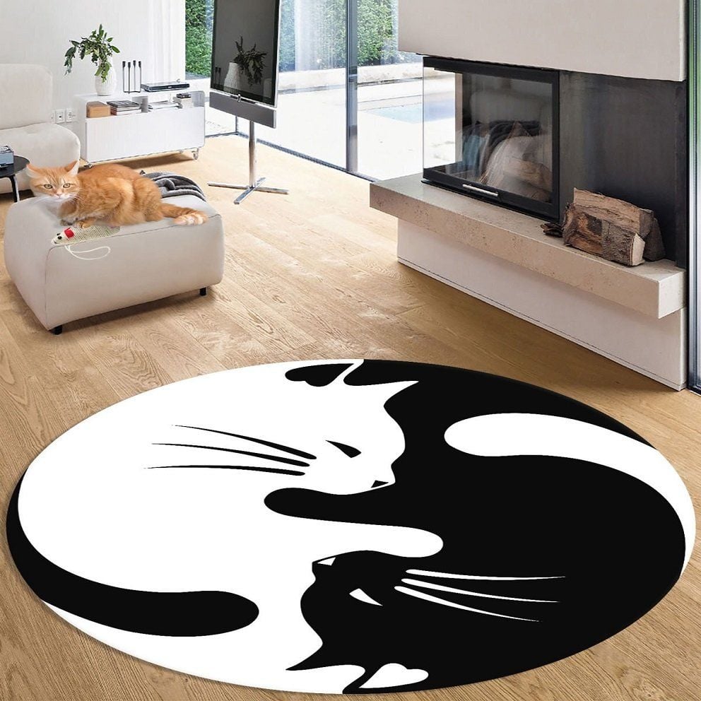 Kedi Desenli Siyah Beyaz Yuvarlak Salon Halısı Dod Taban - 160 x 160