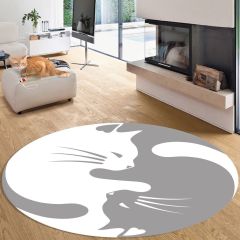 Kedi Desenli Gri Beyaz Yuvarlak Salon Halısı