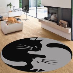 Kedi Desenli Gri Siyah Yuvarlak Salon Halısı