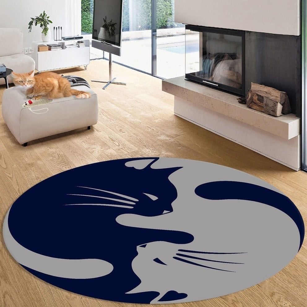 Kedi Desenli Lacivert Gri Yuvarlak Salon Halısı