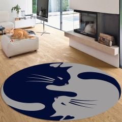 Kedi Desenli Lacivert Gri Yuvarlak Salon Halısı
