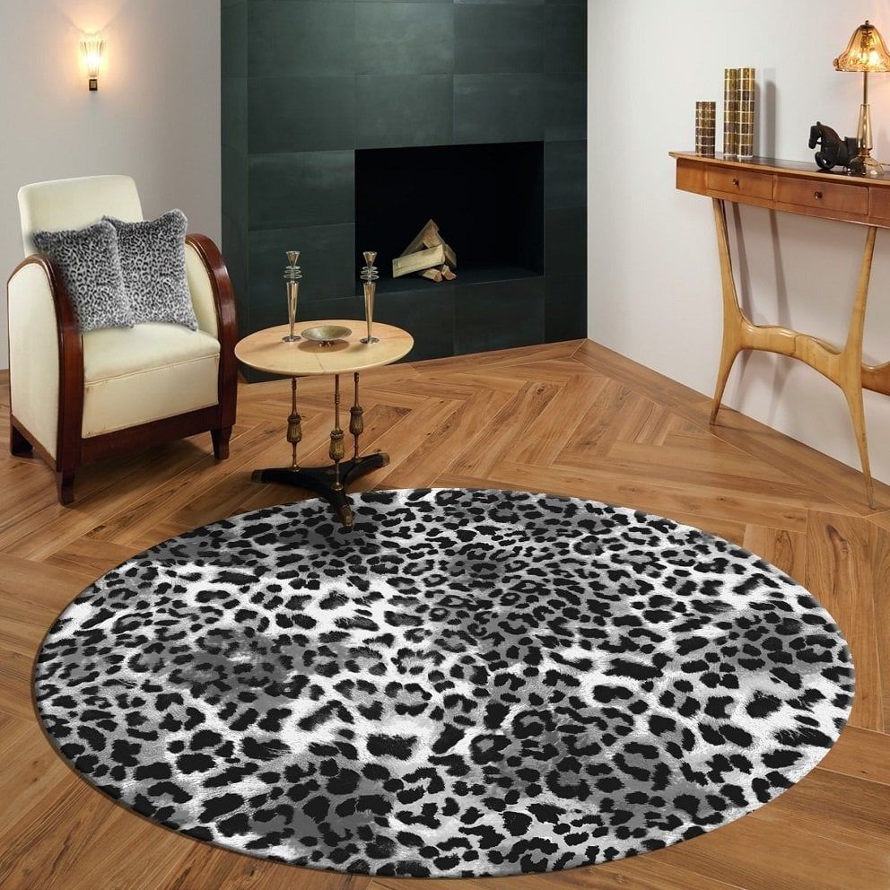Yuvarlak Gri Leopar Desenli Halı