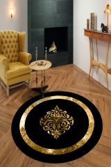 Dijital Baskılı Kaymaz Taban Yıkanabilir Gold Çerçeveli Varak Desenli Yuvarlak Halı