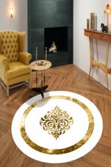 Dijital Baskılı Kaymaz Taban Yıkanabilir Gold Çerçeveli Varak Desenli Beyaz Yuvarlak Halı
