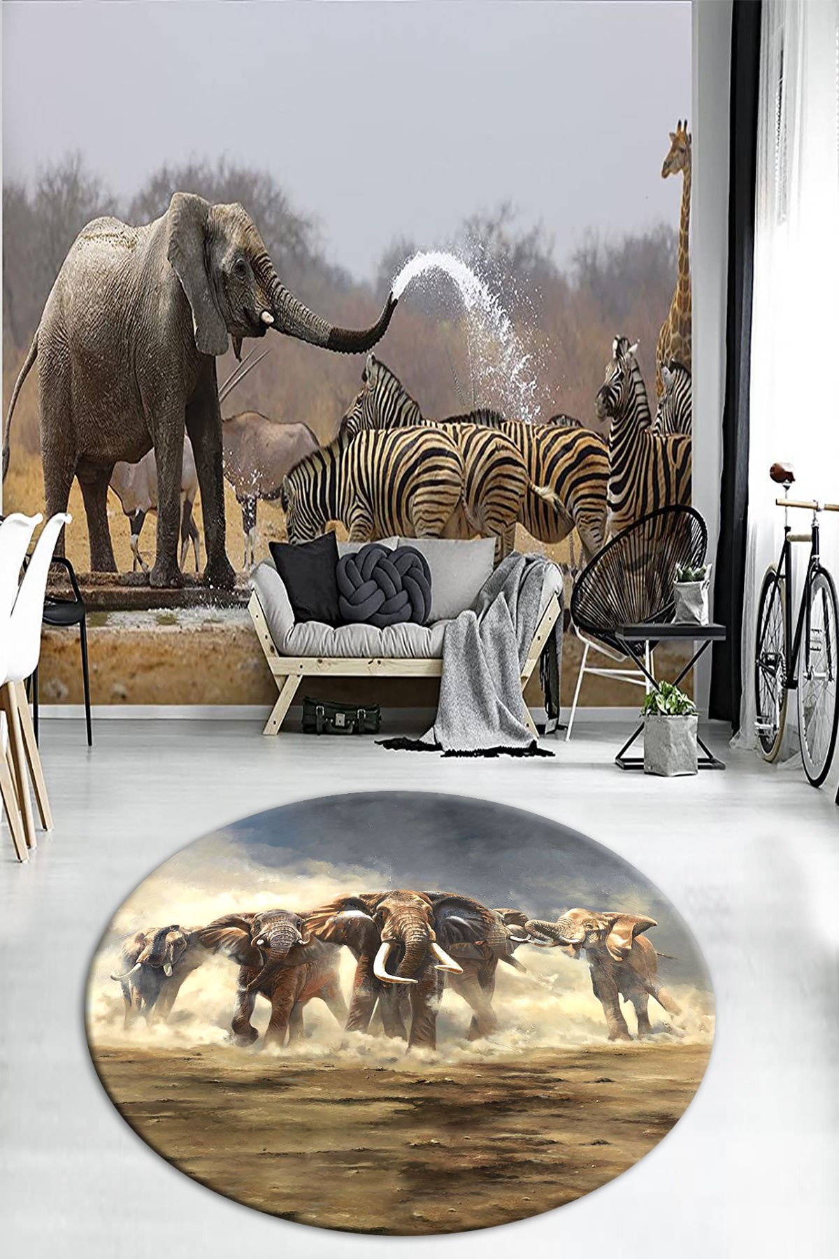 Mamut Sürüsü Desenli Yuvarlak Salon Halısı